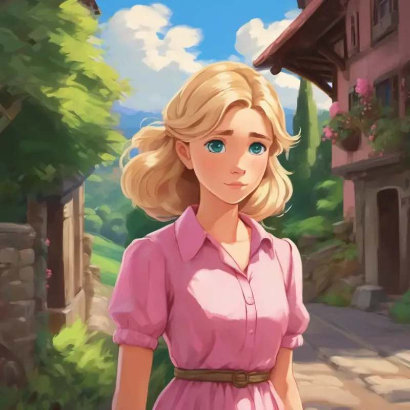 Blonde hair, blue eyes, wearing a pink dress walking away with her arms crossed, Brown hair, brown eyes, wearing a green shirt looking downcast.