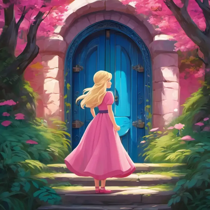 Blonde hair, blue eyes, wearing a pink dress standing in front of a colorful, enchanted door in a lush forest.