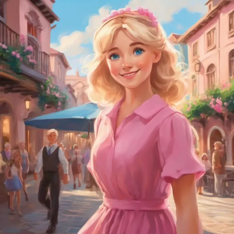 Blonde hair, blue eyes, wearing a pink dress observing people engaged in acts of kindness: sharing, helping, and smiling.