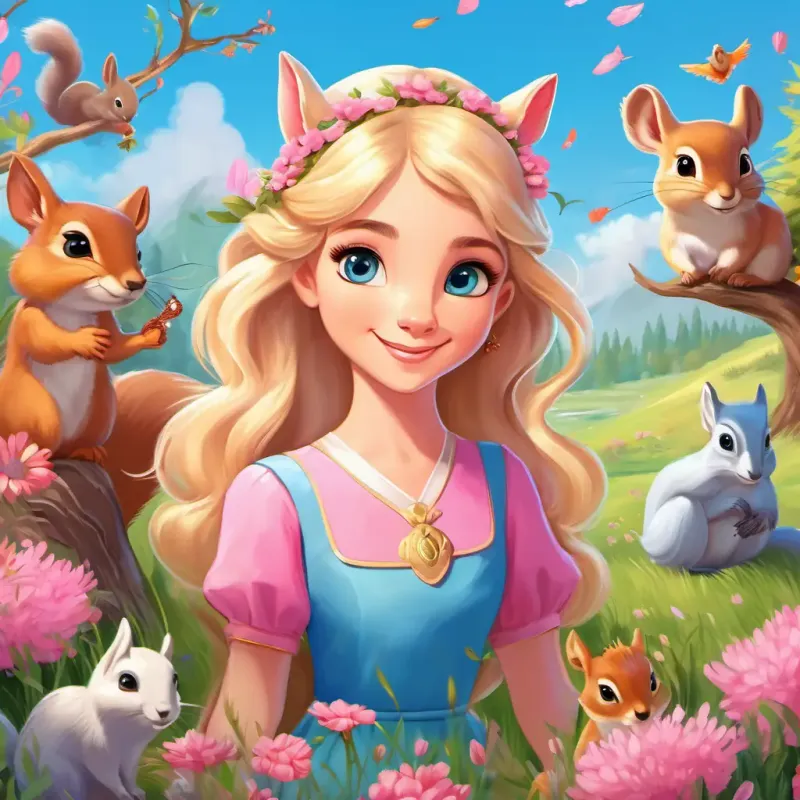 Blonde hair, blue eyes, wearing a pink dress surrounded by the wise squirrel, gentle deer, and cheerful bird in a vibrant meadow.