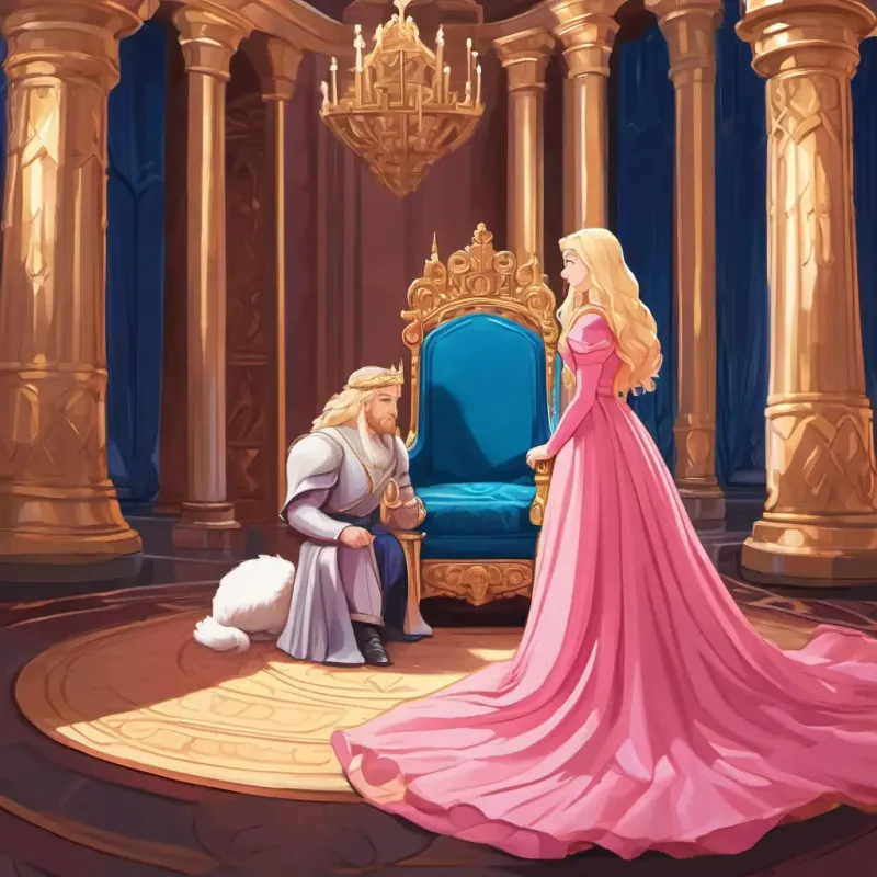 Blonde hair, blue eyes, wearing a pink dress kneeling before King Kindheart in his majestic throne room.