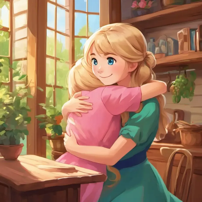 Blonde hair, blue eyes, wearing a pink dress and Brown hair, brown eyes, wearing a green shirt hugging and smiling, surrounded by a warm and inviting home.