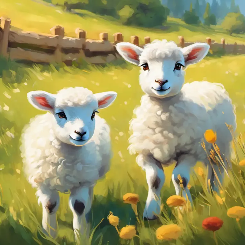 Sunny meadow, little lamb (Small white lamb, innocent eyes, fluffy wool) grazing.