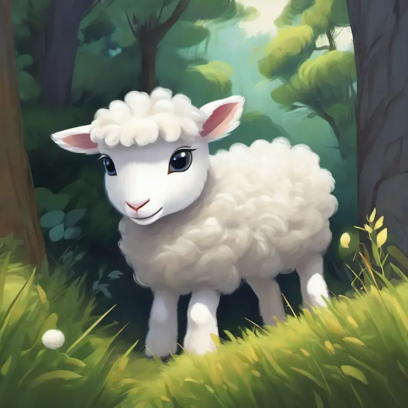 Grey fur, sharp teeth, cunning eyes watching Small white lamb, innocent eyes, fluffy wool from behind a bush.