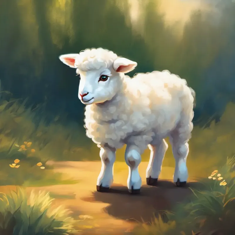 Small white lamb, innocent eyes, fluffy wool reflecting on the importance of trusting her instincts.