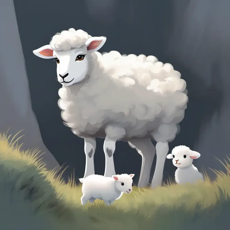 Grey fur, sharp teeth, cunning eyes approaching Small white lamb, innocent eyes, fluffy wool, pondering a plan.