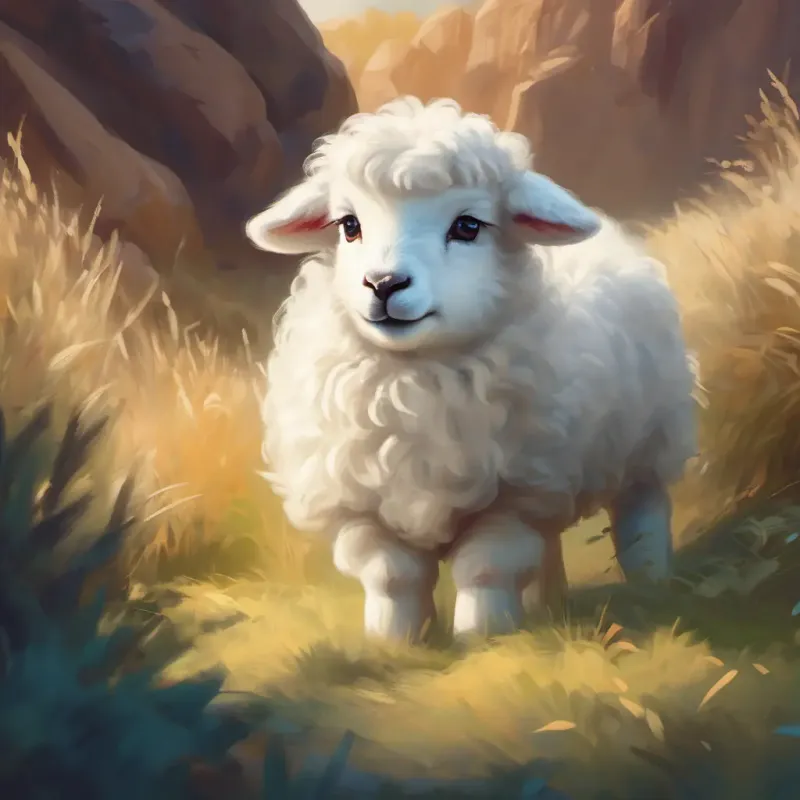 Scared Small white lamb, innocent eyes, fluffy wool confronts the approaching wolf.