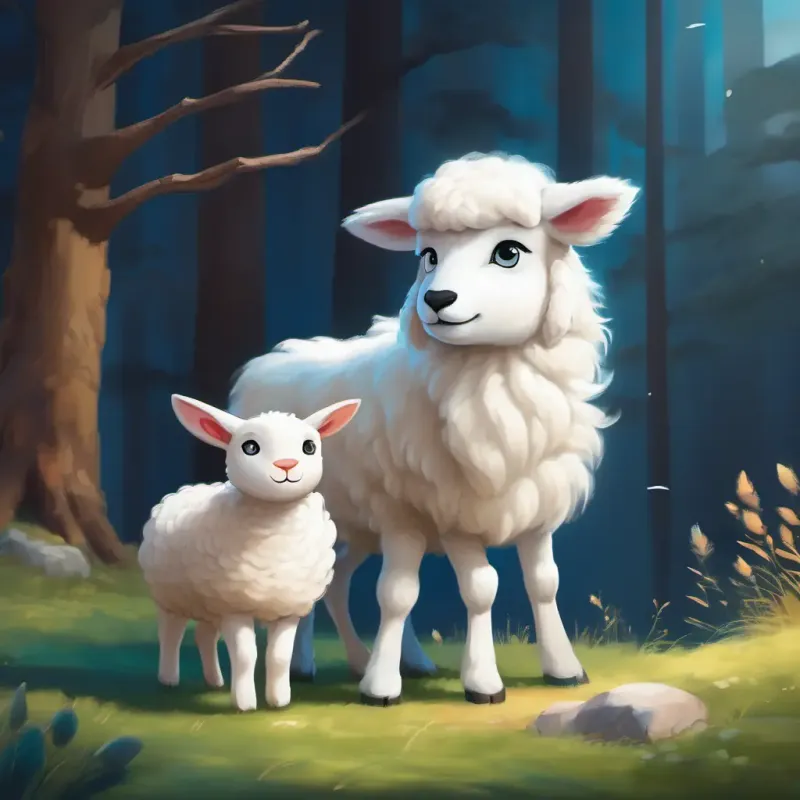 Small white lamb, innocent eyes, fluffy wool speaking to the wolf, who pretends to be friendly.