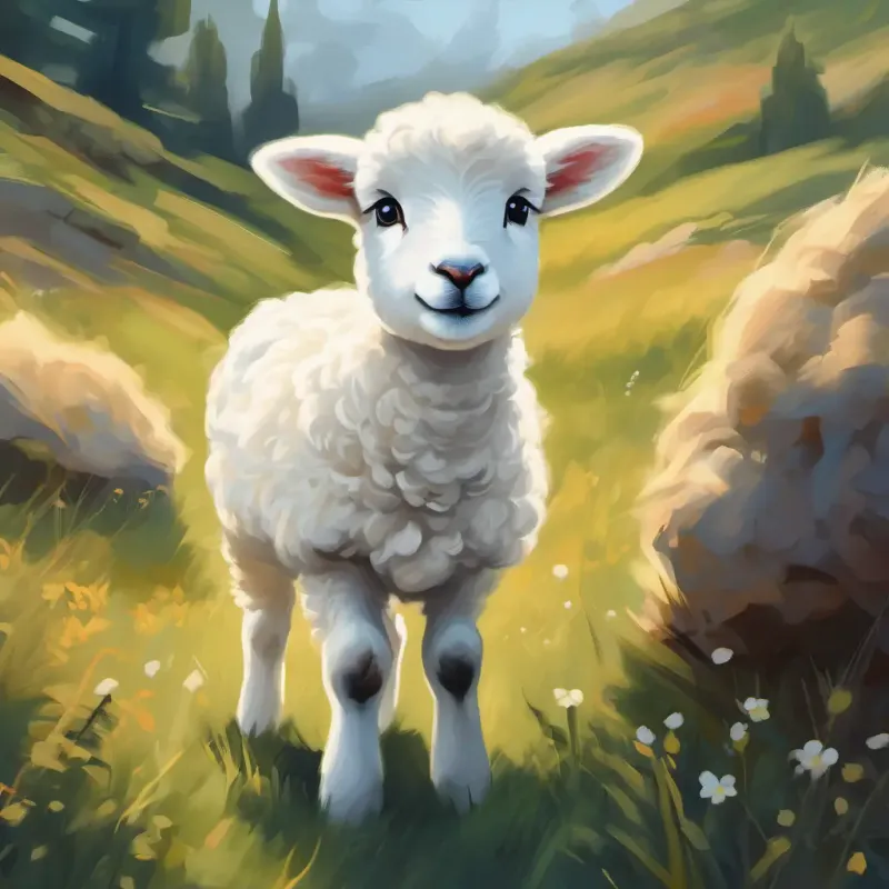 Small white lamb, innocent eyes, fluffy wool considering the wolf's trustworthiness.