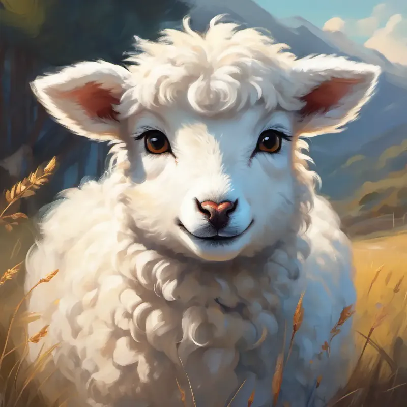 Weathered skin, caring eyes, protective stance arrives, sees Small white lamb, innocent eyes, fluffy wool and the wolf talking.