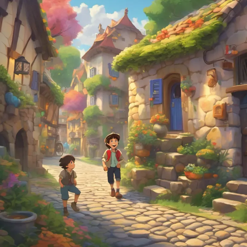 a whimsical village with cobblestone streets, children playing around, and a boy named a young boy with curly hair, wearing colorful clothes, and always smiling with coins jingling in his pockets.
