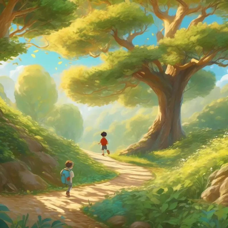 a bright, sunny day with a young boy skipping along a playful trail, and a magical tree with sparkling leaves and golden bark.