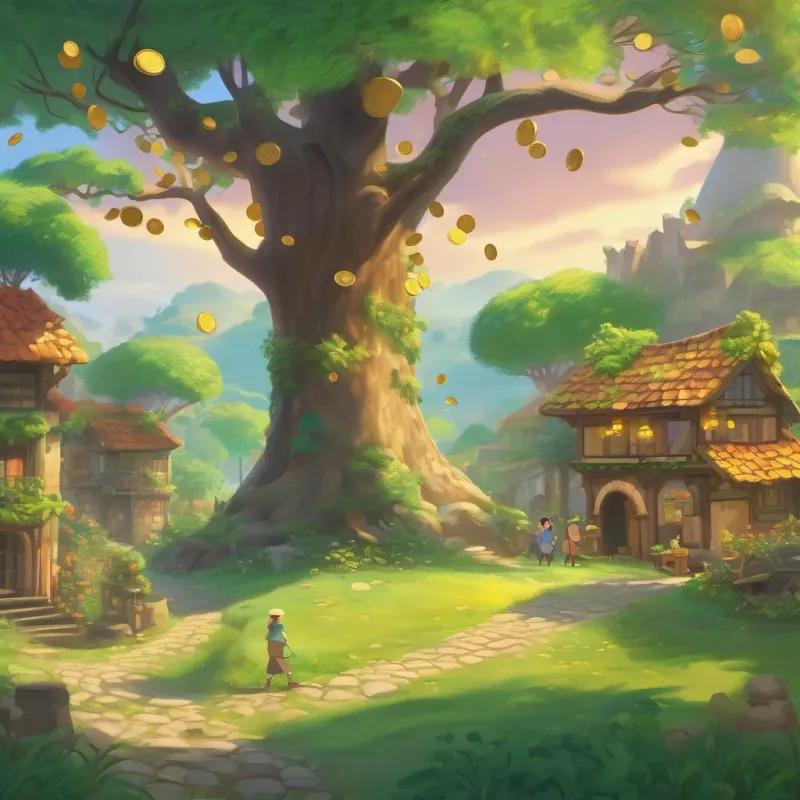 the tree returning to its magical state, with glittering coins and green leaves as villagers share kindness.