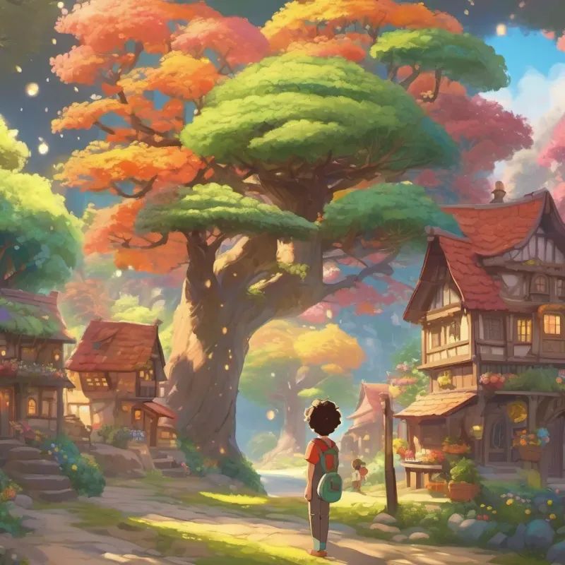 a thriving, happy village with smiling villagers, a glowing magical tree, and a young boy with curly hair, wearing colorful clothes, and always smiling feeling content.