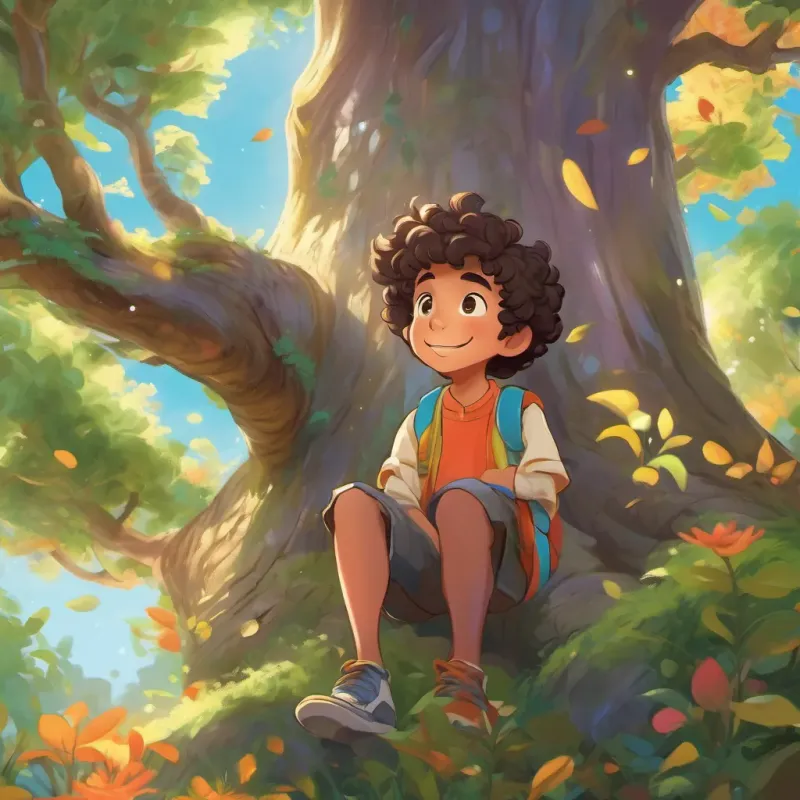a young boy with curly hair, wearing colorful clothes, and always smiling whispering to the tree, which shimmers with magical energy, making him wide-eyed and curious.