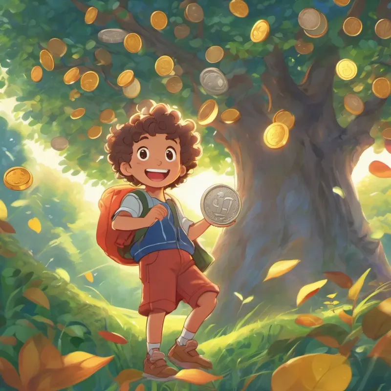 a young boy with curly hair, wearing colorful clothes, and always smiling happily plucking a shiny coin from the tree which emits a cheerful, musical tune.
