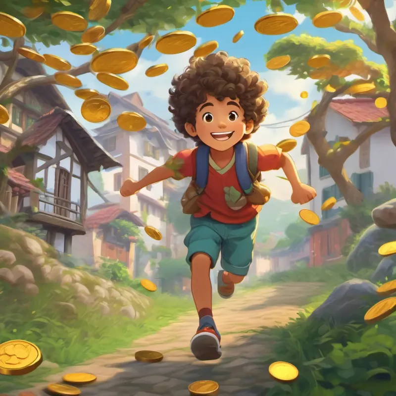 a young boy with curly hair, wearing colorful clothes, and always smiling running joyfully back to the village with coins jingling in his pockets and shouting about the magic money tree.
