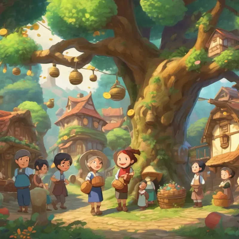 villagers joyfully gathering around the magical tree, plucking coins and buying various delightful items.