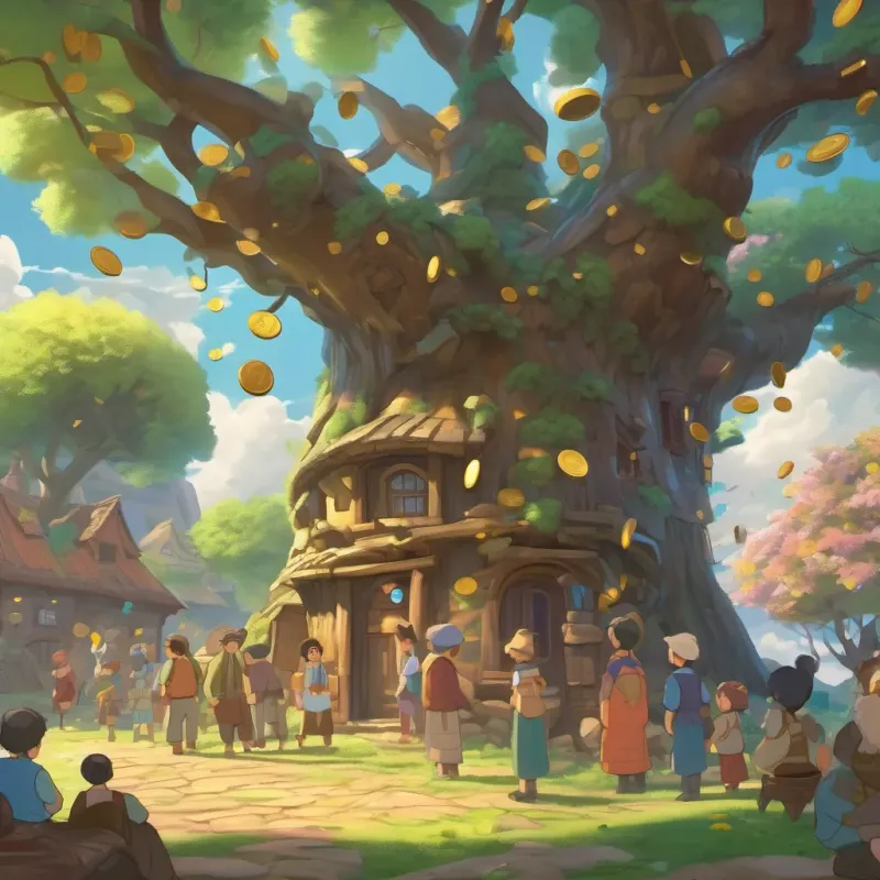 the magical tree losing its sparkle and the coins turning dull, with concerned villagers gathered around.