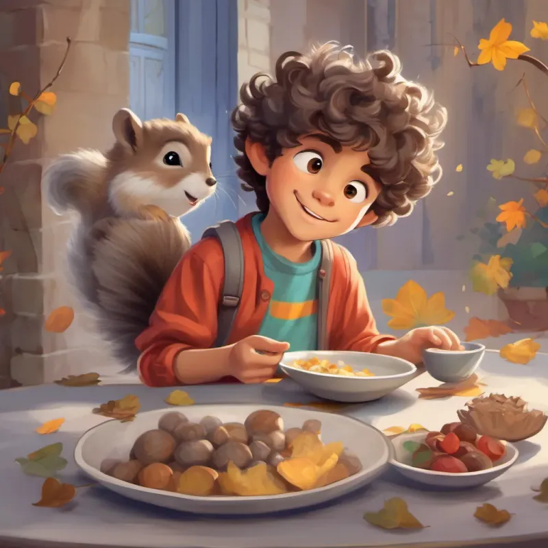 a young boy with curly hair, wearing colorful clothes, and always smiling noticing a sad, gray-furred squirrel clutching an empty plate, suggesting the reason for the fading magic.