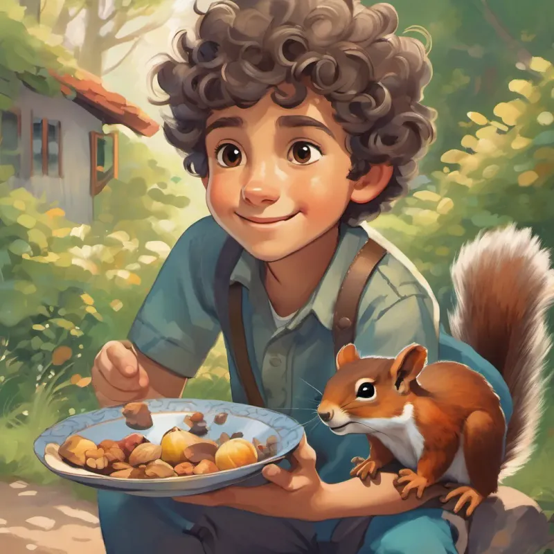a young boy with curly hair, wearing colorful clothes, and always smiling talking to a small, gray-furred squirrel with a slightly sad expression initially, holding an empty plate the Squirrel, who looks sad and explains that kindness has been forgotten.
