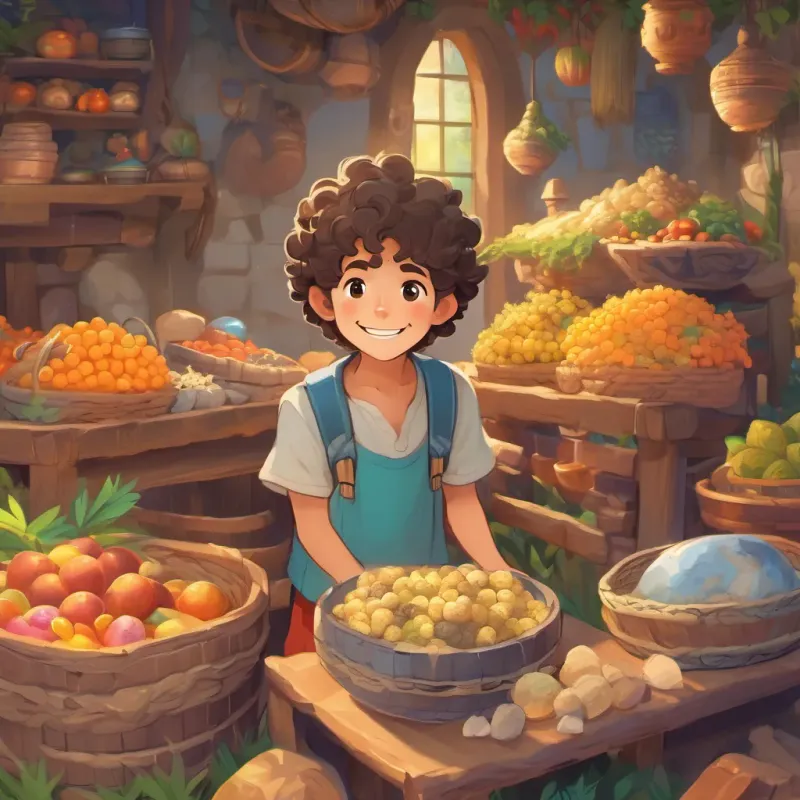 a young boy with curly hair, wearing colorful clothes, and always smiling and the villagers realizing their mistake and deciding to share their treasures generously.