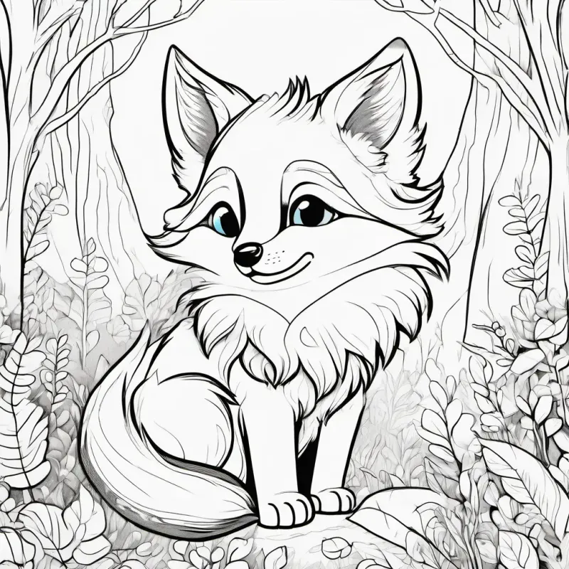 Young fox, orange fur, bright blue eyes and his talking acorn lived in a magical forest, going on adventures.