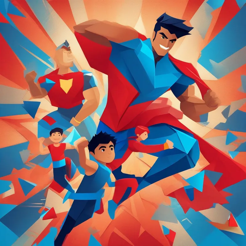 Superhero Arjun, red and blue costume, muscular playing with children, colorful background, happy