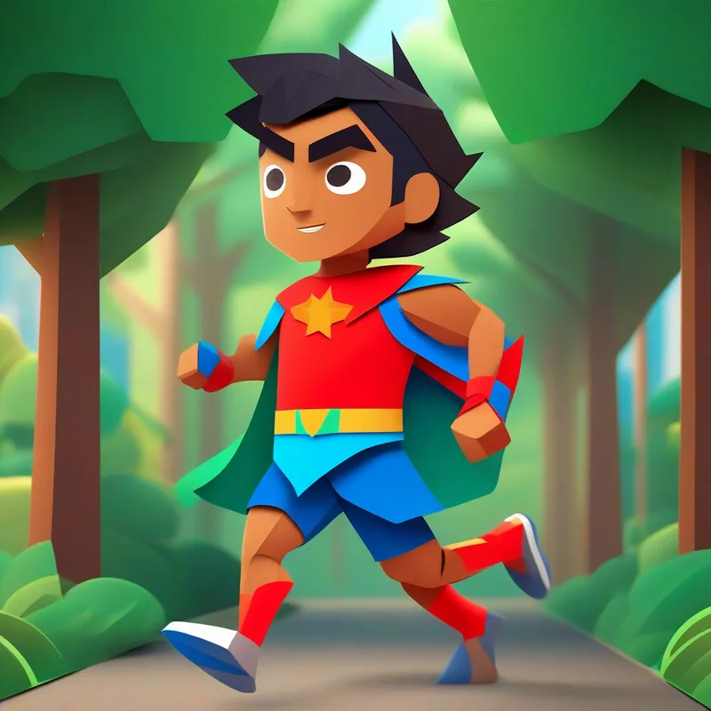 Superhero Arjun, red and blue costume, muscular running towards the park, green trees, worried face