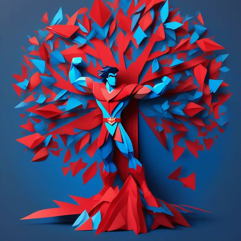 Superhero Arjun, red and blue costume, muscular lifting the tree with his super strength, determined