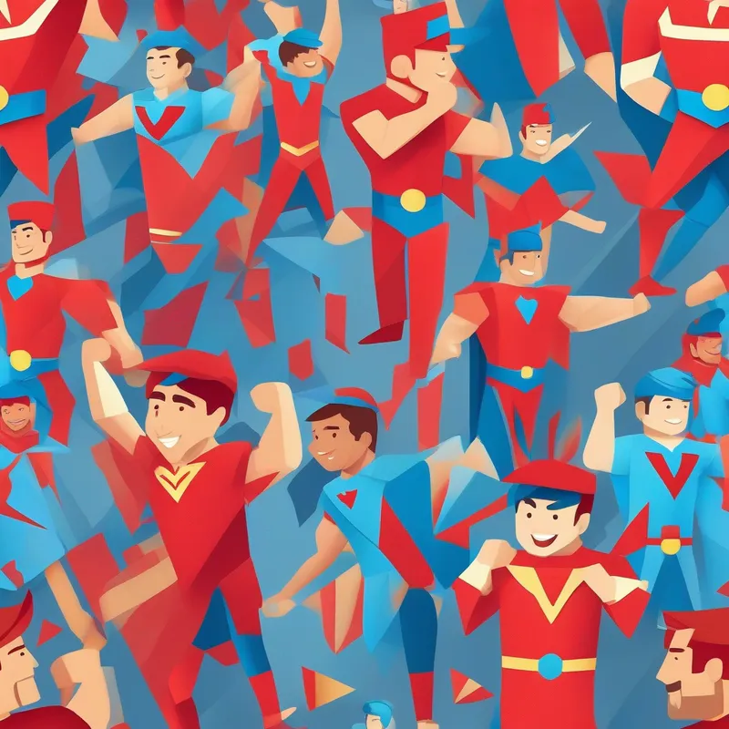 People thanking Superhero Arjun, red and blue costume, muscular, applause, happy expressions