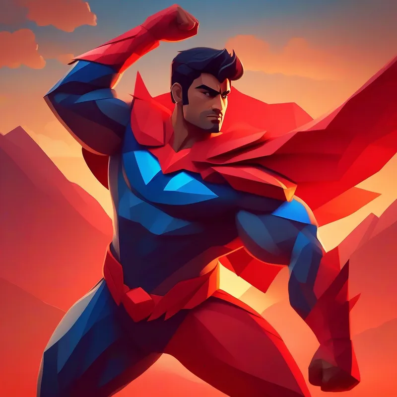 Superhero Arjun, red and blue costume, muscular with a content expression, sunset background, warm colors