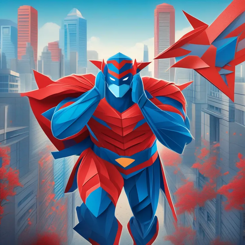 Superhero Arjun, red and blue costume, muscular in action, helping others, city background, heroic