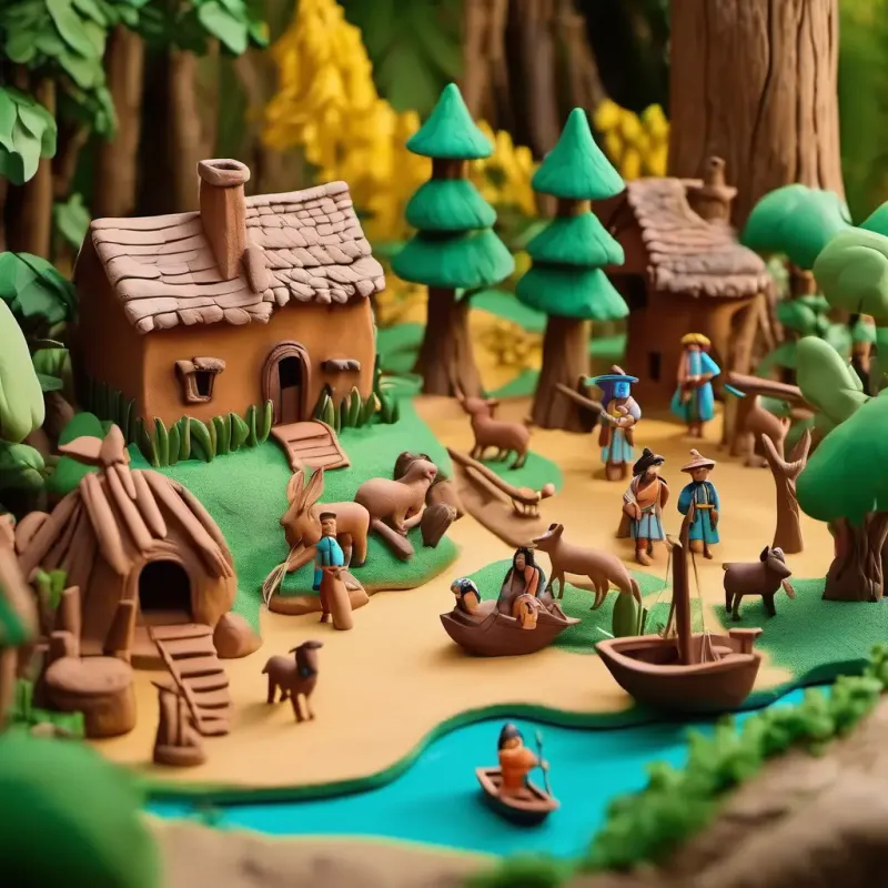 A peaceful Native American village surrounded by trees and animals. Christopher Columbus has fair skin and light-colored eyes He wears fancy clothes and a hat arriving on a big ship.