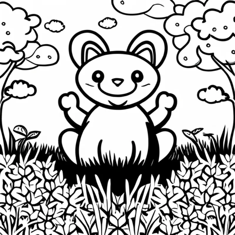 Small brown animal with a friendly smile sitting on a grassy meadow, surrounded by trees