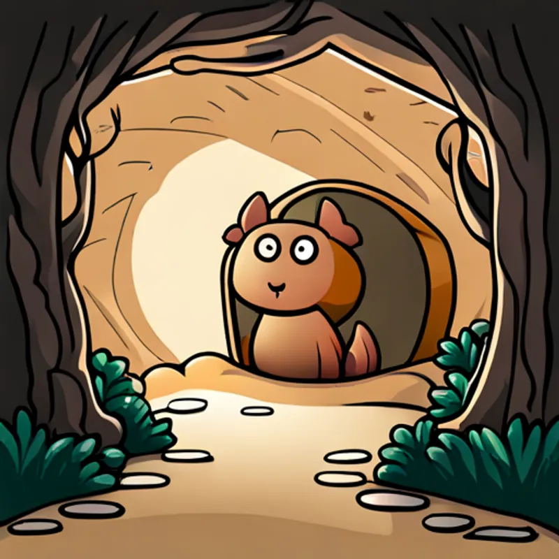 Small brown animal with a friendly smile peering into a mysterious cave with wide eyes
