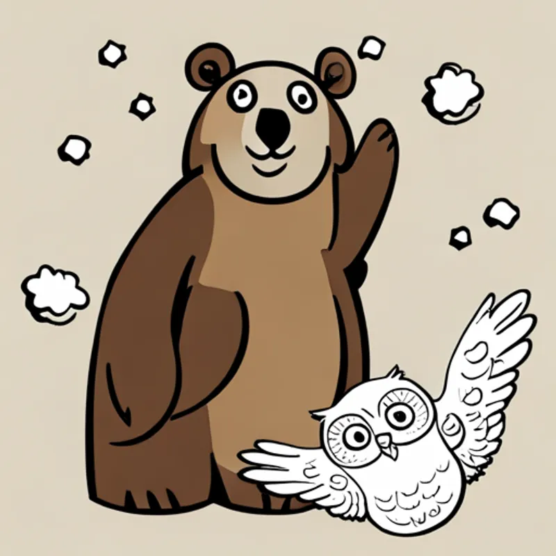 Small brown animal with a friendly smile, Big brown bear with a kind expression, and Wise gray owl with big round eyes smiling and waving at each other