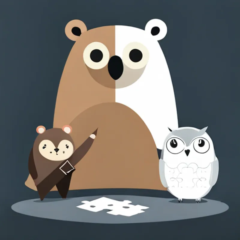 Small brown animal with a friendly smile, Big brown bear with a kind expression, and Wise gray owl with big round eyes working together to solve a puzzle