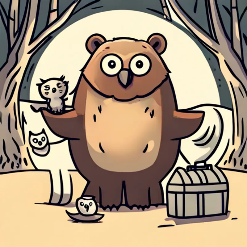 Small brown animal with a friendly smile, Big brown bear with a kind expression, and Wise gray owl with big round eyes celebrating with a treasure chest
