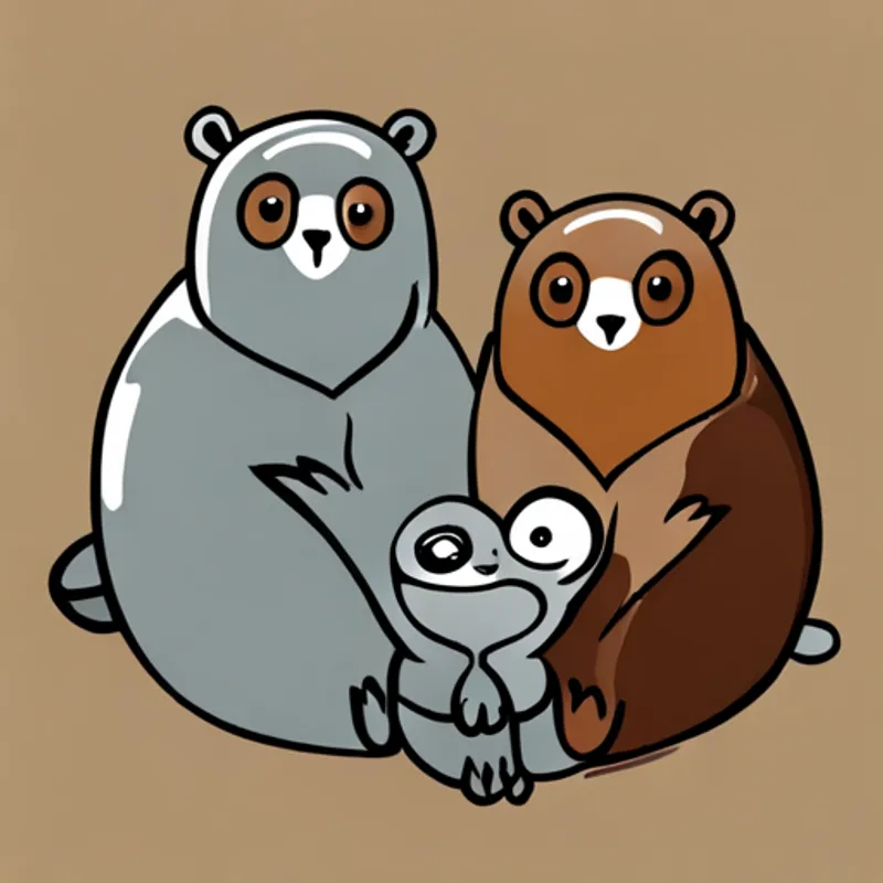 Small brown animal with a friendly smile, Big brown bear with a kind expression, and Wise gray owl with big round eyes hugging and smiling happily