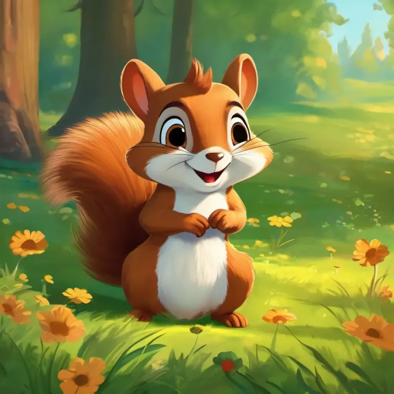 Sunny meadow, meeting A playful squirrel with a mischievous glint in his eyes the talking squirrel, adventure begins
