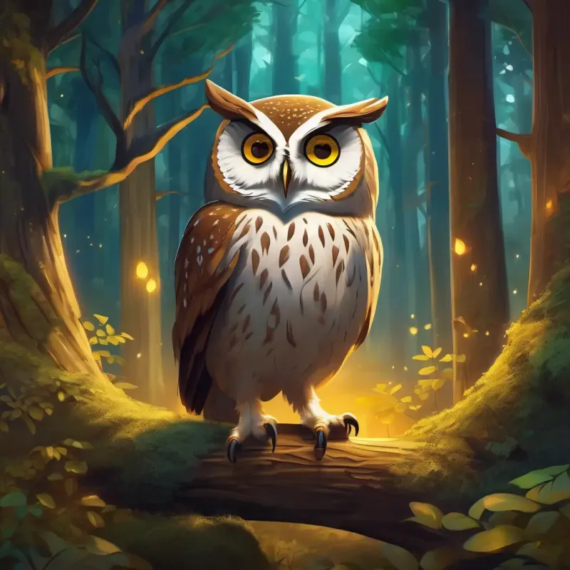 Enchanted forest, meeting A grumpy owl with golden eyes and a serious expression the grumpy owl, facing challenges