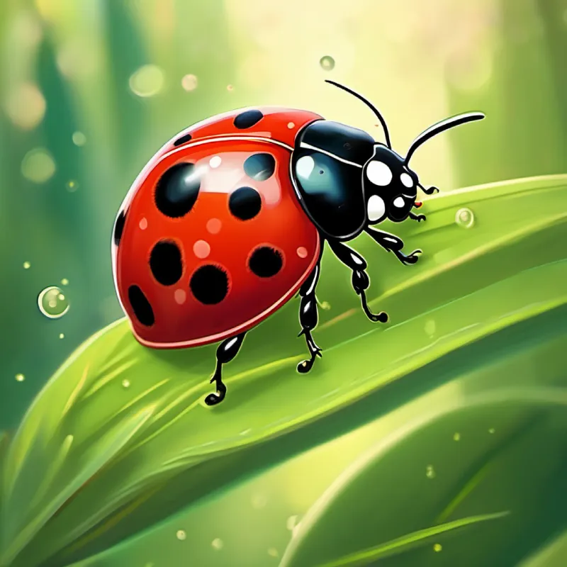 Tiny ladybug, red with black spots flying and meeting new garden friends.