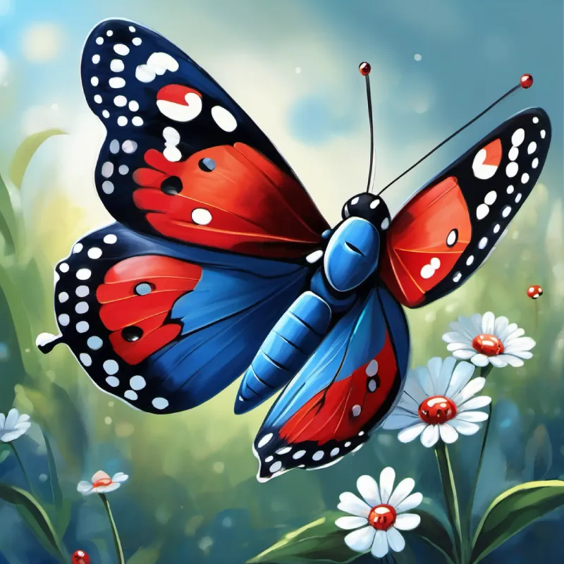 Butterfly, blue wings with white spots praises Tiny ladybug, red with black spots for her kind actions.