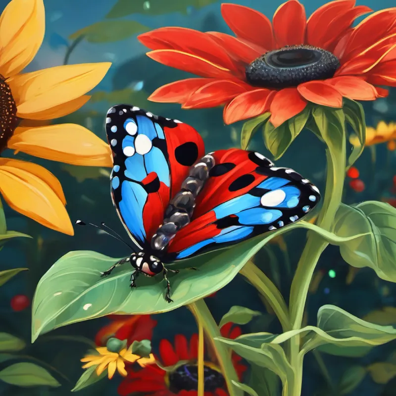 Tiny ladybug, red with black spots meets Butterfly, blue wings with white spots the butterfly on a sunflower.