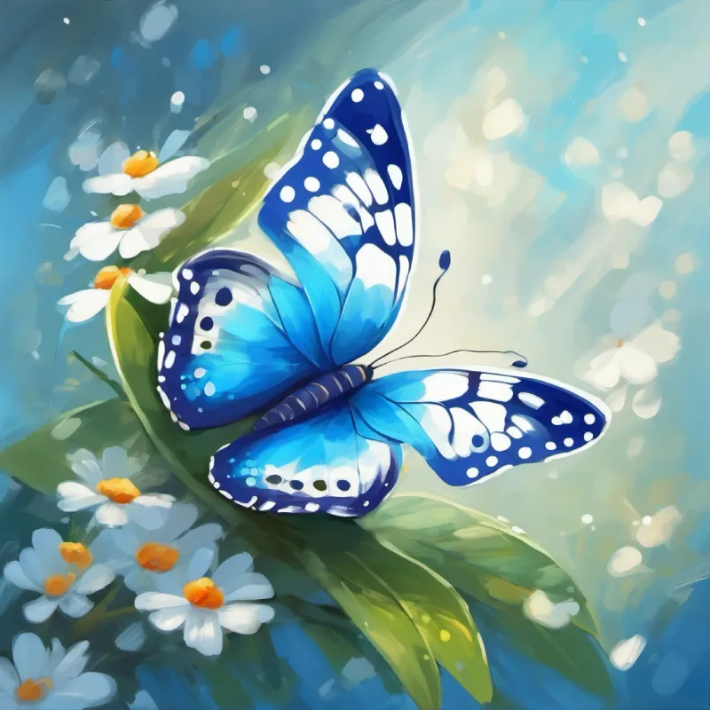 Butterfly, blue wings with white spots the butterfly with blue and white wings, curious.