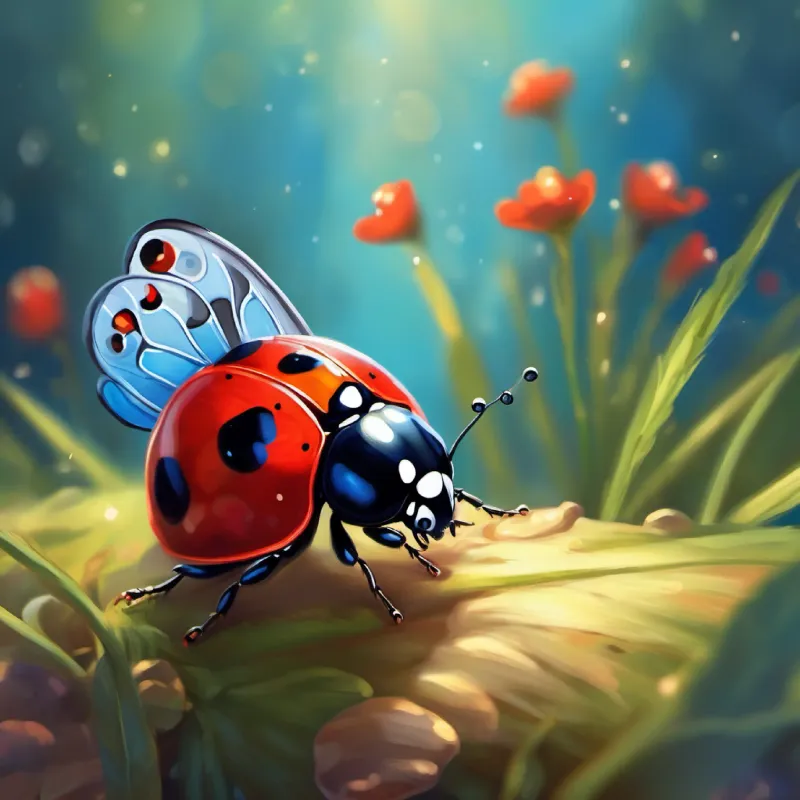 Tiny ladybug, red with black spots discusses her mischievous nickname with Butterfly, blue wings with white spots.