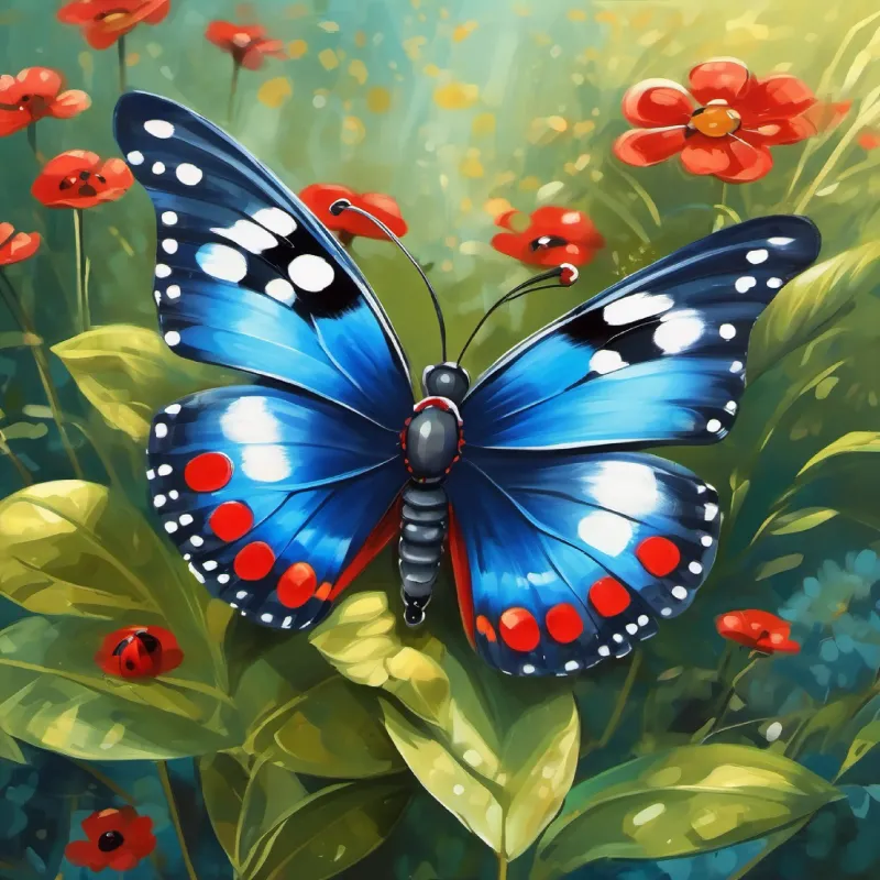 Butterfly, blue wings with white spots and Tiny ladybug, red with black spots plan a fun race in the garden.