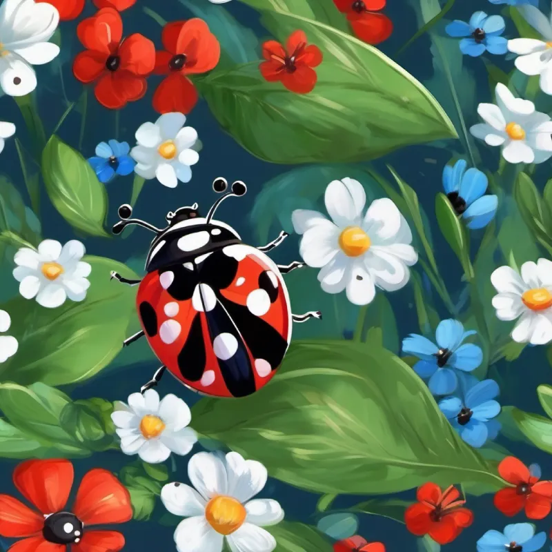 Tiny ladybug, red with black spots and Butterfly, blue wings with white spots racing quickly through the garden.
