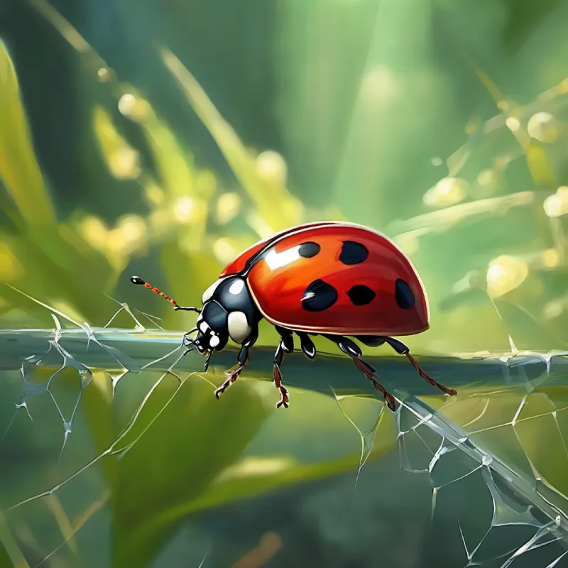 Tiny ladybug, red with black spots notices a bee trapped in a spider's web while racing.